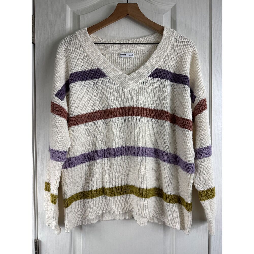 Sonoma Long Sleeve V-Neck Pullover Sweater Multicolor Stripe Cotton Women's XL